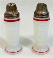 RARE PAIR OF ART DECO MILK GLASS SHAKERS W STRIPE