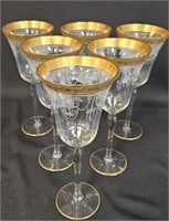 6 Etched and Gold Trim Water Goblets 8 1/2"