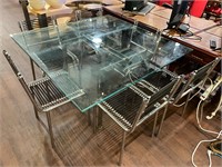 Antique Glass Top Table w/ 6 Rene Herbst Chairs