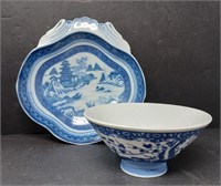 Blue and White Dish and Bowl