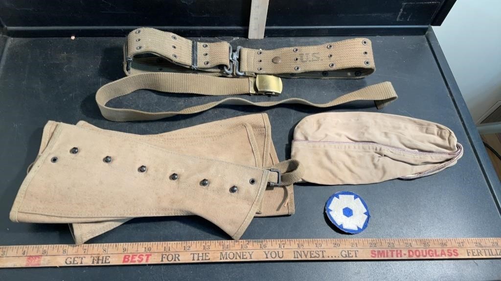 VINTAGE US MILITARY BELTS, WWII BADGE, HAT AND