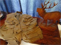 Plastic Elk Figurine and Man's XL Hunting Vest