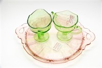 THREE PIECES GREEN AND PINK DEPRESSION GLASS
