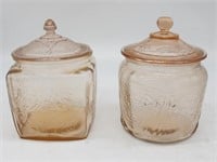 LOT OF 2 PINK DEPRESSION COVERED DISH CANDY JARS