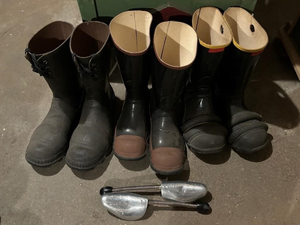 Three Pairs Men's Rubber Boots, Two Shoe Trees