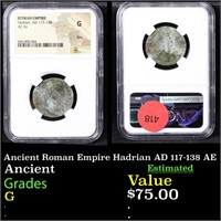NGC Ancient Roman Empire Hadrian AD 117-138 AE Gra