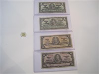 Lot de 4 billets 1937 $1,$1,$2,$10 basse condition