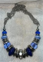 Blue Art Glass Beads & Crystals Statement Necklace