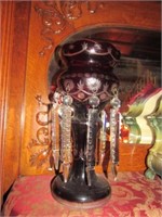 2 Ruby Cut Glass Mantle Lustres 13.5" Tall