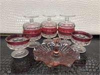lot with 9 Antique Cranberry Glass Candy Dishs