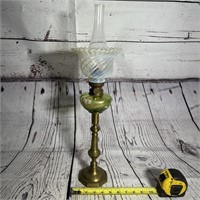 Brass & Green Glass Hand Painted Oil Lamp