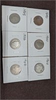 Collection of 6 Liberty V Nickel coins 1890-1907