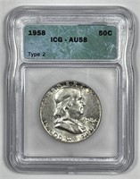 1958 Franklin Silver Half Type 2 ICG AU58