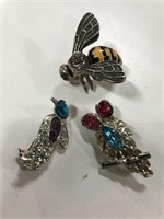 Bumble bee, owl and penguin brooch trio