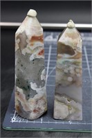 2, Flower Agate Towers W/carnlian & One W/moss