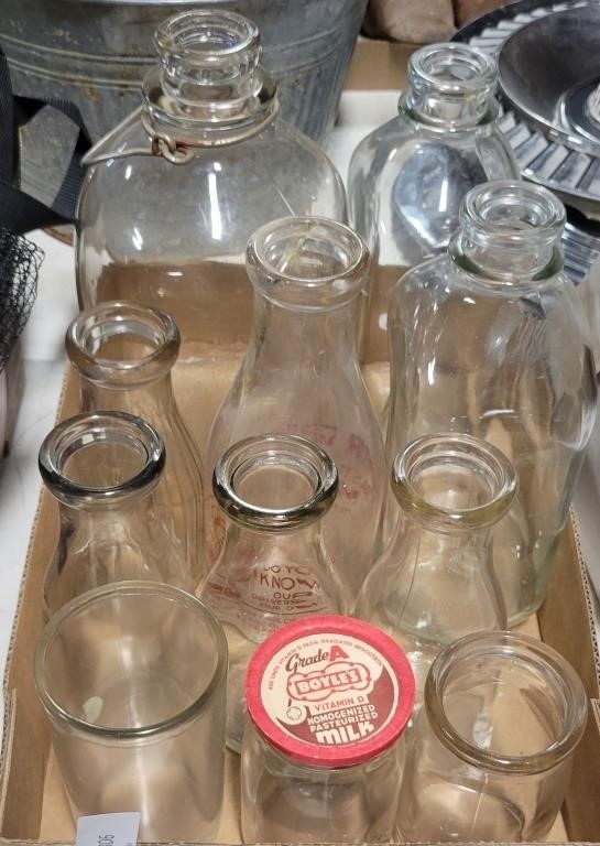 APPROX 11 MILK BOTTLES AND JARS