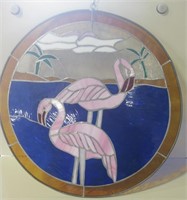 18"D Pink Flamingo Beach Scene Deco Stained Glass