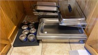 Chafing lot, two stands, four lids, eight pans,