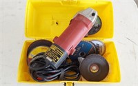 TOOL SHOP ANGLE GRINDER WITH TOOL BOX AND CONTENTS