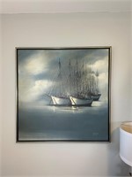 Original Oil on Canvas Misty Boat Scene Carlson
