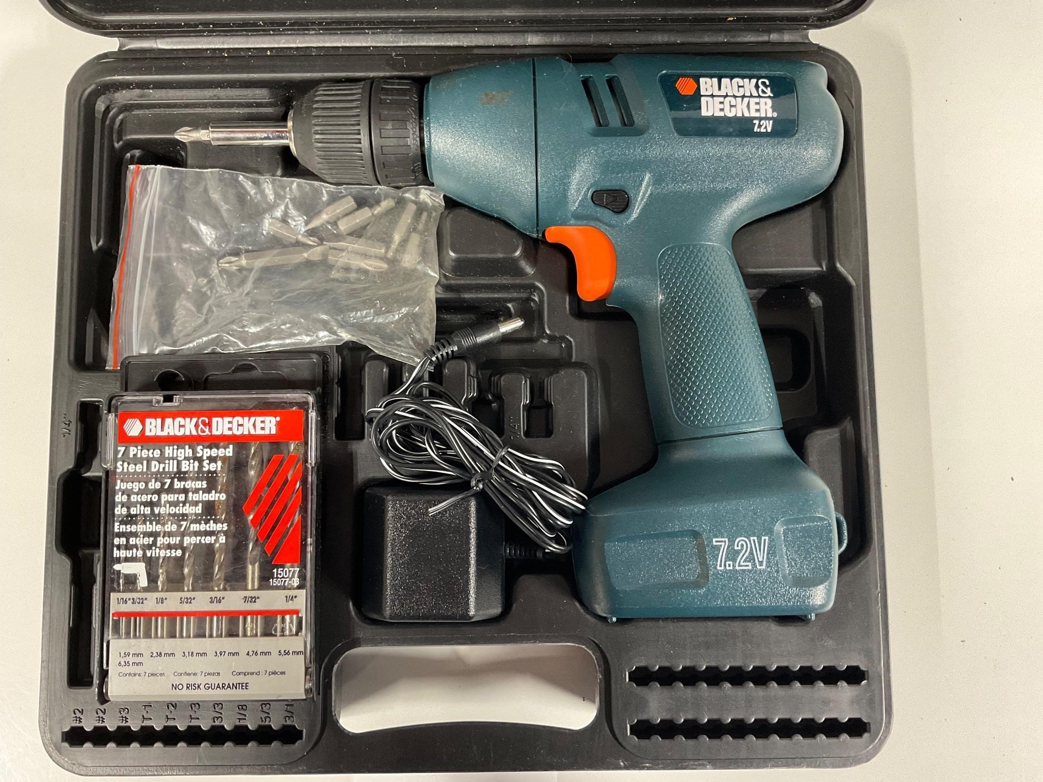 Black & Decker 7.2V Drill and Bits in Case - Works
