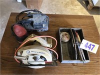 Tote of drywall saws, 2 sanders, and