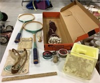 Badminton set, slingshot & fishing items