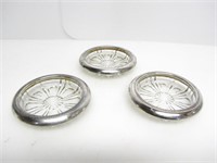 3 SILVERPLATE RIM GLASS ASHTRAYS