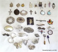 40 Silver Brooches,Pendants,Fobs,Earrings
