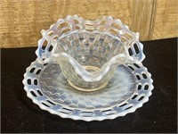 Fenton Clear/Blue Opalescent Basketweave Bowl