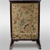 Antique Wooden Fire Screen Embroidered NeedlePoint