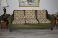 Mid-century modern green leather 3 seat sofa,
