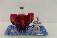 Cranberry Etched Decanter 9"H With Goblets
