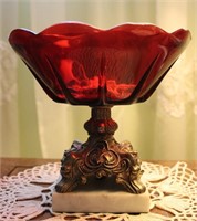 Vintage Ruby Red Brass Pedestal Marble Base Bowl