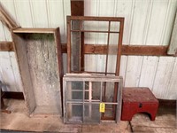 (4) old Windows, Wood Box, Red Box