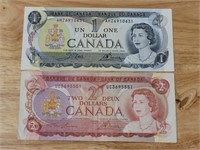 CND 1973 $1.00 DOLLAR & 1974 $2.00 DOLLAR NOTES