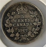 1907 Canada Silver 5 Cent Coin