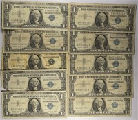 Lot of 10: $1 Silver Certificates