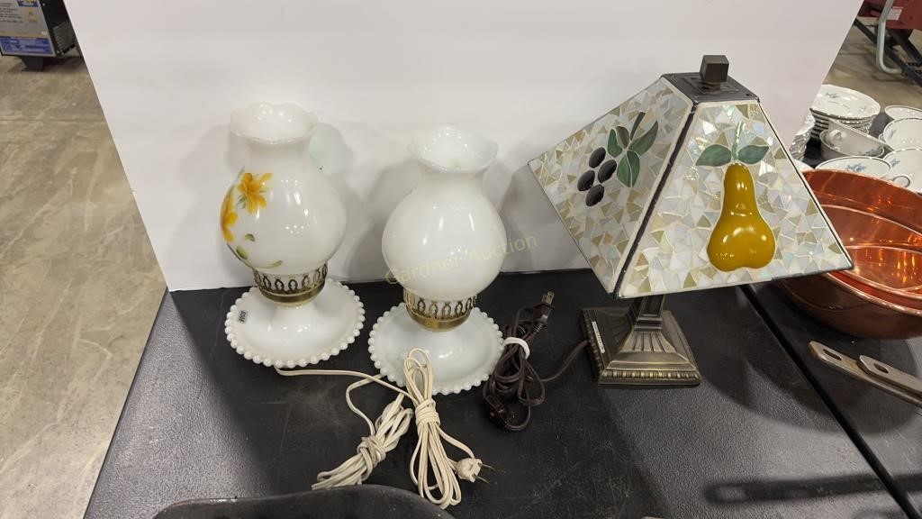 2 MILK GLASS BEDSIDE LAMPS & ACCENT LAMP