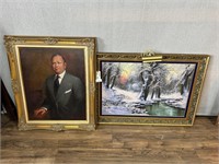 2pc Paintings: Portrait, Snowy River Scene