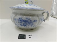 ANTIQUE FLOW BLUE CHAMBER POT, SMALL CHIP ON LID