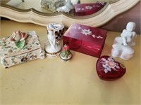 LEFTON TRINKET BOX  AND PAINTED GLASS HEART BOX