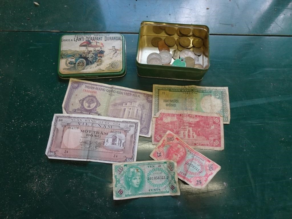 Tin of Foreign Coins / Notes and Tokens