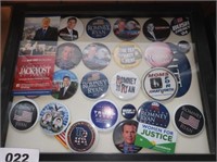 LOT POLITICAL BUTTONS IN DISPLAY CASE