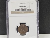 1932 D Graded 1 Cent MS 62 BN