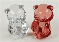 Pair Of Glass Art Panda Bears, Clear & Red