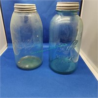 2 Vintage Blue Ball Jars w/Zinc Lids