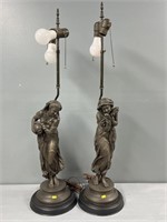 Two Spelter White Metal Sculpture Figural Lamps