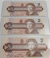 3 1986 Canadian 2 Dollar Bank Notes