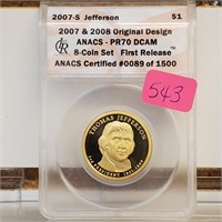 ANACS 2007-S PR70 DCAM Jefferson $1 Dollar